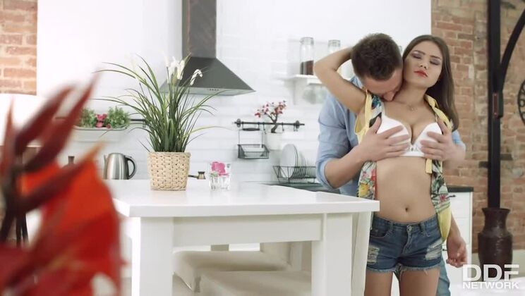 Russian Brunette's Medium Tits and Kitchen Fun