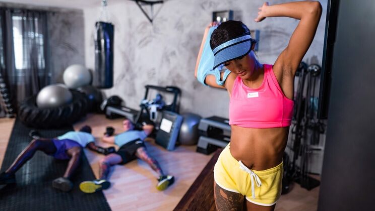 Athletic threesome with tattooed guys and teen