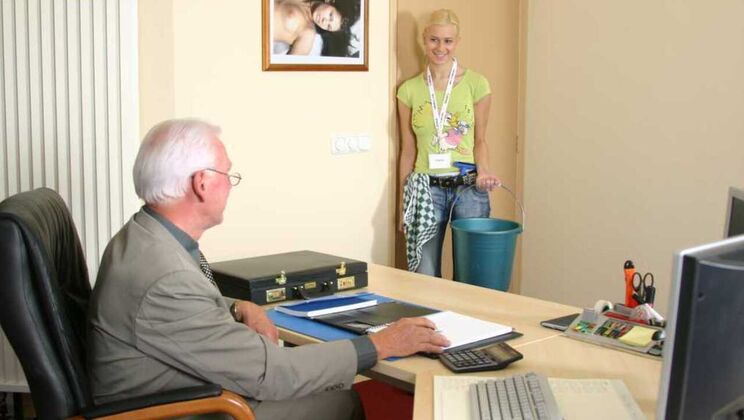 Cleaning Maid and Old Man Office Sex