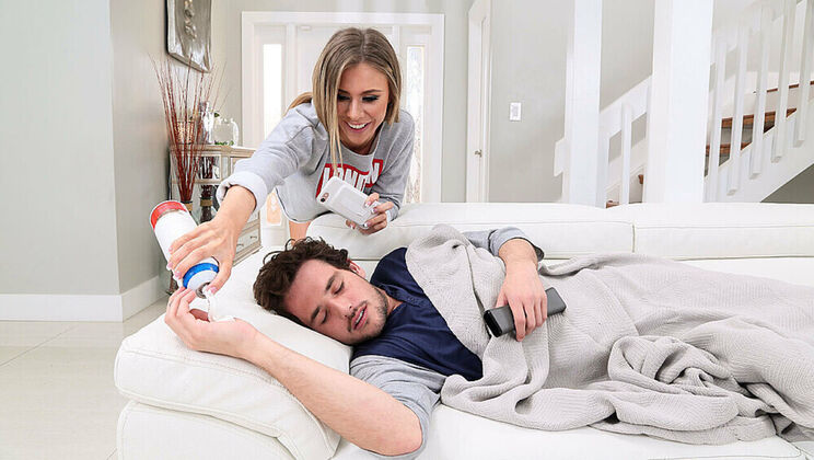 Blonde Bombshell Anya Olsen's Small Tits Bounce During Blowjob