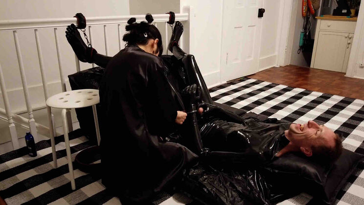Ticklish Latex Sub Rei Handcuffed & Laughing